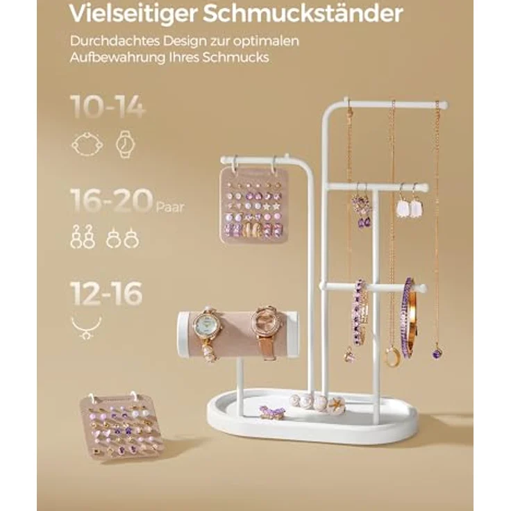 SONGMICS Schmuckständer JJS025W01, Metallrahmen mit 2 Ohrring-Organizern, 4 Hängestangen und ovalem Schmucktablett, wolkenweiß, für Ohrringe, Armbänder und Ringe – Bild 3