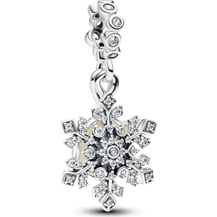 PANDORA Moments Schillernde Schneeflocke Doppelter Charm-Anhänger, Sterling-Silber mit Zirkonia und Opal, kompatibel mit ME und Moments, 794142C01