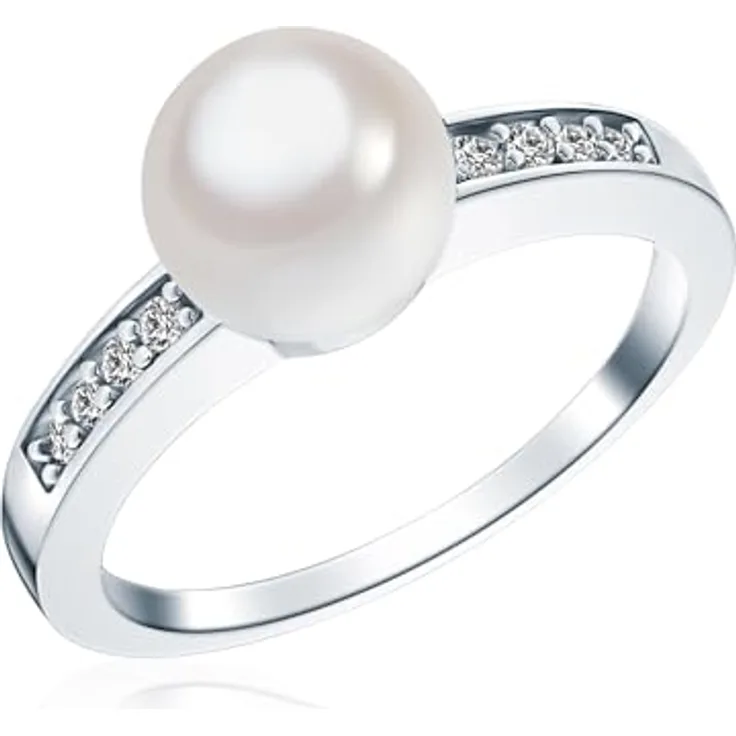 Rafaela Donata Damen-Ring 925/- Sterling Silber mit 8 mm runder weißer Muschelkernperle und Zirkonia, schmaler Perlenring