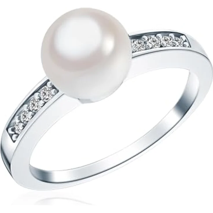 Rafaela Donata Damen-Ring 925/- Sterling Silber mit 8 mm runder weißer Muschelkernperle und Zirkonia, schmaler Perlenring – Bild 1