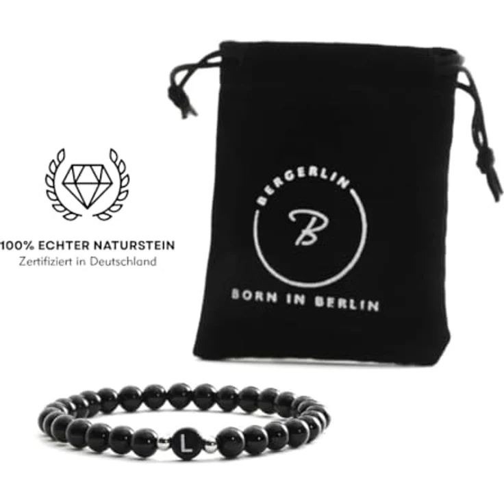 BERGERLIN Buchstabe Armband schwarz (Buchstabe L), flexibles Unisex-Design aus echtem Onyx für Handgelenke 16-20cm, inkl. Leinenbeutel – Bild 2