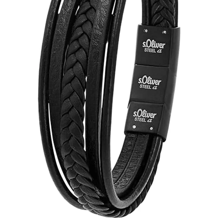 s.Oliver Herren Leder-Armband, Edelstahl IP schwarz, 2 cm breit, verstellbar von 21,5 cm auf 20 cm – Bild 2