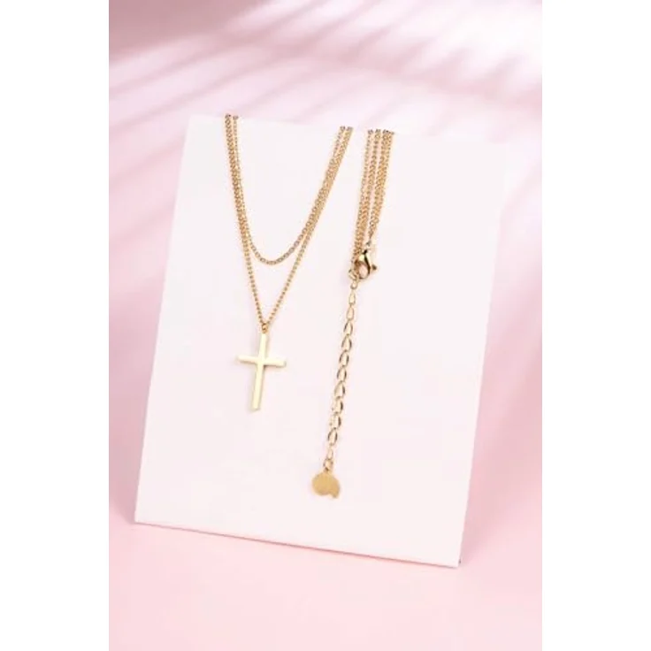 Happiness Boutique Damen Kreuz Kette, mehrreihige vergoldete Edelstahlkette mit Kreuzanhänger – Bild 2