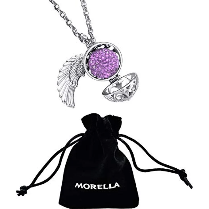 Morella Damen Halskette Edelstahl 70 cm mit Anhänger Engelsflügel und Klangkugel Flieder Ø 16 mm, wechselbare Klangkugel in Schmuckbeutel – Bild 3