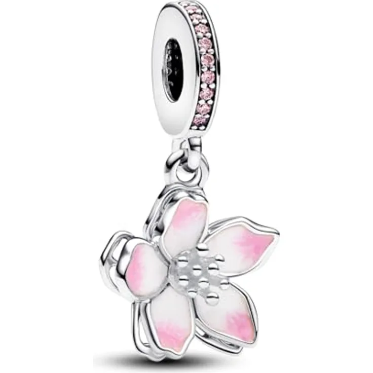 PANDORA Moments Kirschblüten Charm-Anhänger, Sterling Silber mit rosafarbener und weißer Emaille, Zirkonia, kompatibel mit Moments Armbändern, 790667C01