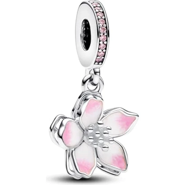 PANDORA Moments Kirschblüten Charm-Anhänger, Sterling Silber mit rosafarbener und weißer Emaille, Zirkonia, kompatibel mit Moments Armbändern, 790667C01 – Bild 1