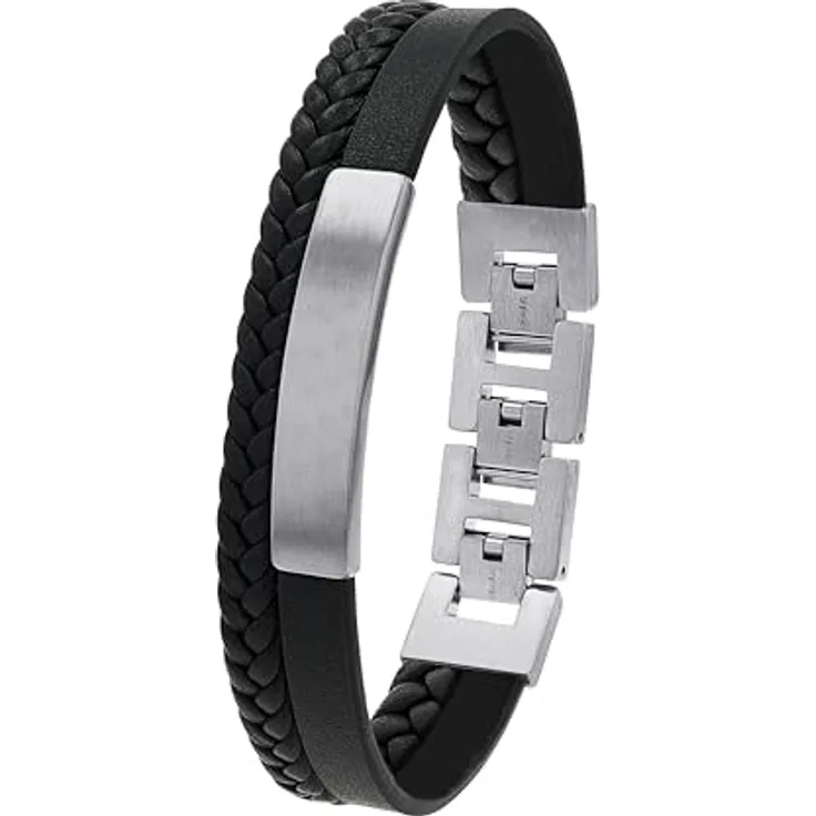 s.Oliver Edelstahl Leder Armband Herren, 18,5+1,5+1,5 cm, Schwarz, mit mattem Finish und Klappverschluss, in Schmuck Geschenk Box, 2036861