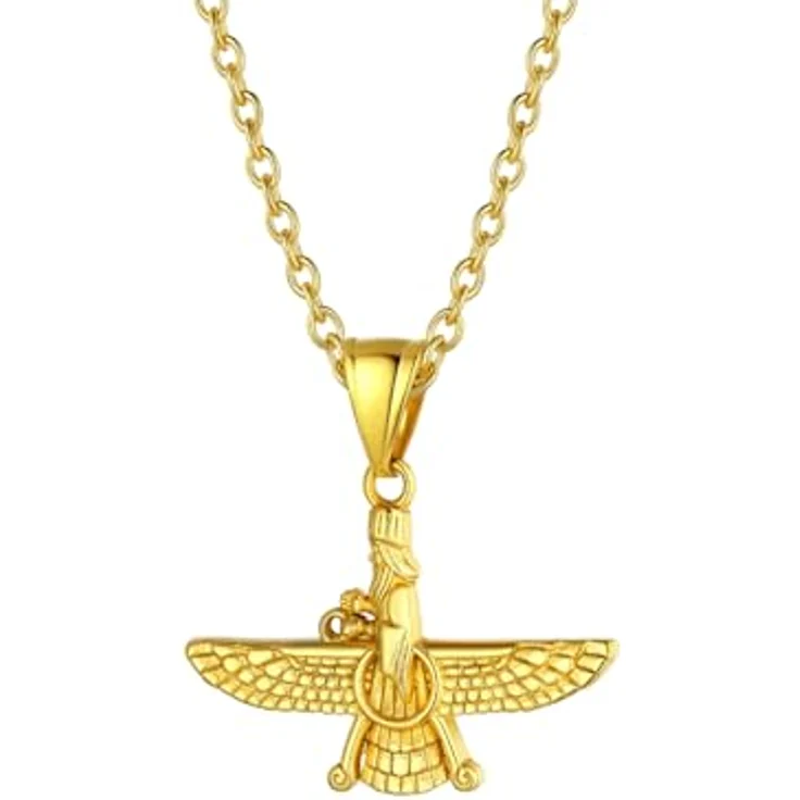 U7 Männer Halskette Gold Kette Faravahar Anhänger aus Edelstahl, 50cm verstellbare Rolokette, 18k vergoldet, Zoroastrismus Amulett für Herren und Damen, Geschenkidee für Weihnachten – Bild 1