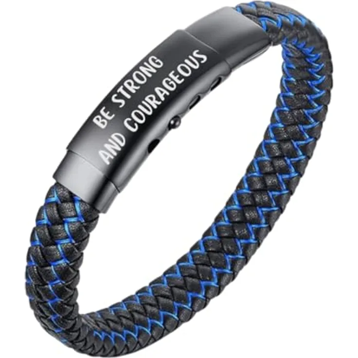 Halukakah JAZZ Titan Lederarmband, 18-20cm verstellbar, BE STRONG AND COURAGEOUS graviert, mit Mitteilungskarte und Geschenkbox für Sohn Enkel