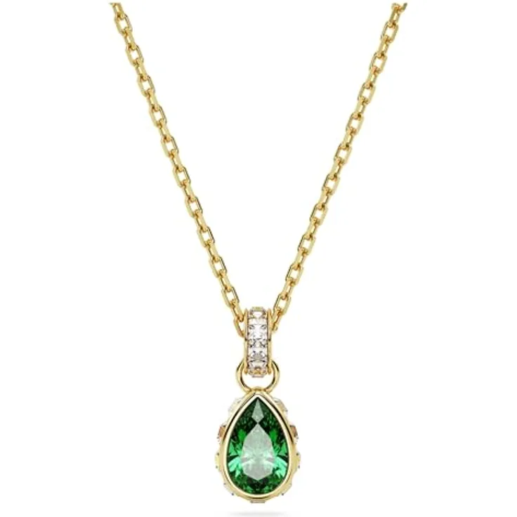 Swarovski Chroma Halskette, Grüne und Vergoldete Damenhalskette mit Strahlendem Tropfen-Anhänger und Klaren Kristallen