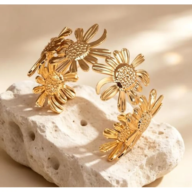 FOSLXIN Gold Armreif Damen, Chunky Edelstahl Armband mit Blumen Vintage Design, verstellbar, hypoallergen, Gold B – Bild 5