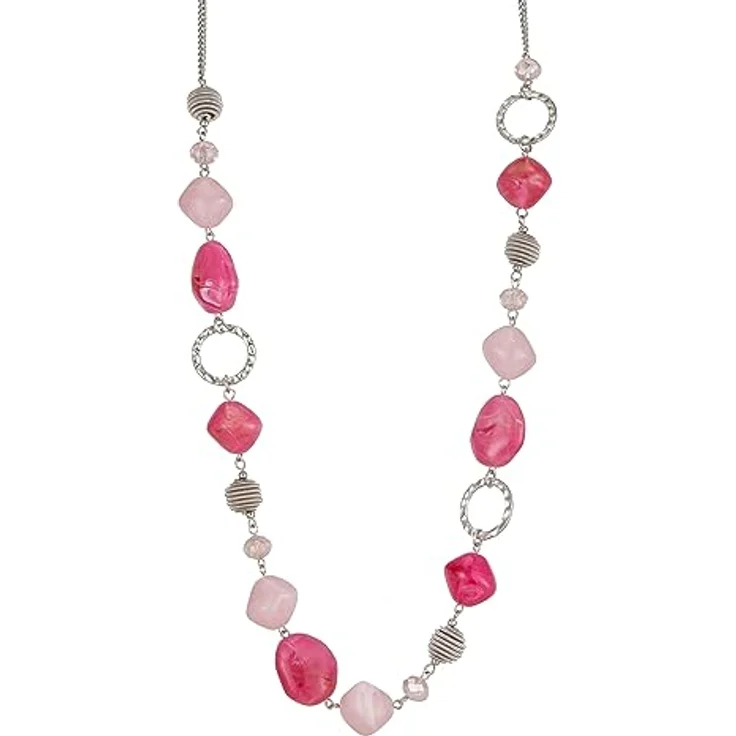 Bulinlin Silber Perplen Lange Kette, Boho Statement Chain Halskette aus Harz- und Metallperlen, 35+3 Zoll, Dunkel Hell Pink – Bild 1