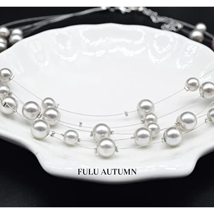FULU AUTUMN Boho Perlenkette Damen Silber, 17" Mehrreihige Statement Kette in Grau, perfektes Geburtstagsgeschenk – Bild 5
