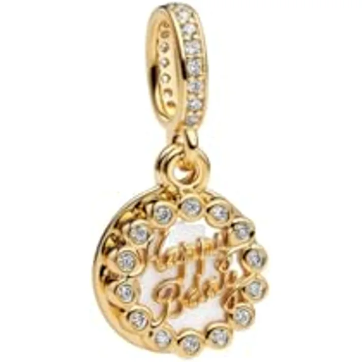 PANDORA Moments Happy Birthday-Torte Charm-Anhänger aus 14K vergoldetem Sterling Silber mit Zirkonia und Gravuren, kompatibel mit ME und Moments Armbändern, 763787C01