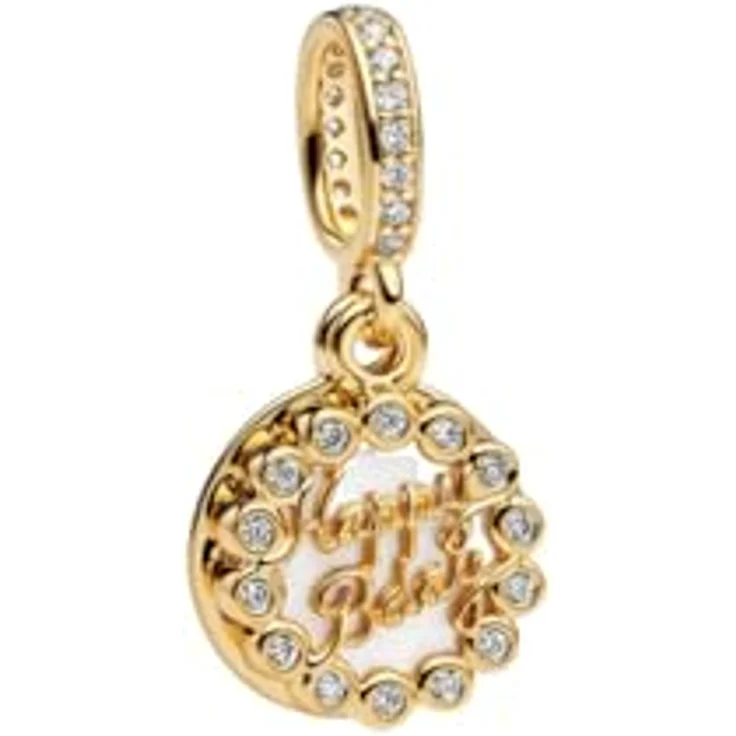 PANDORA Moments Happy Birthday-Torte Charm-Anhänger aus 14K vergoldetem Sterling Silber mit Zirkonia und Gravuren, kompatibel mit ME und Moments Armbändern, 763787C01 – Bild 1