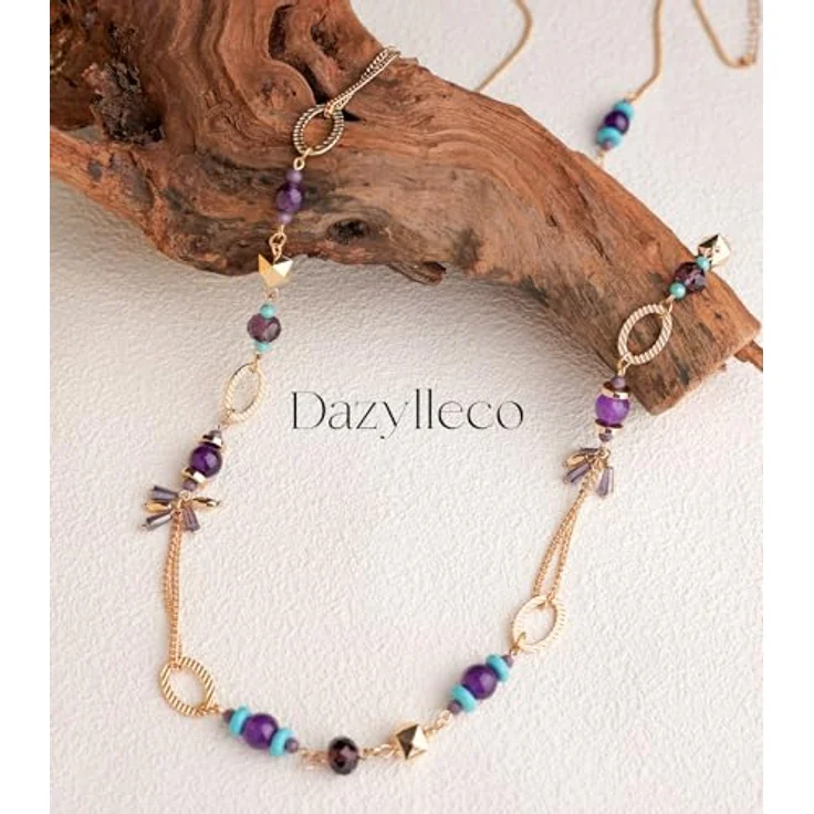 Dazylleco Lange Gold Perlenkette Damen Boho Halskette, 90cm mit Natursteinen und Holzperlen, Geschenke für Mama, lila – Bild 4