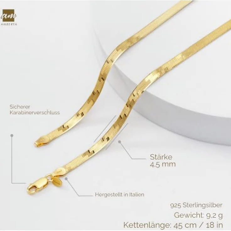 Amberta Flache Schlangen Halskette, 925 Sterling Silber 18K Vergoldet, 4.5 mm, 45 cm – Bild 5