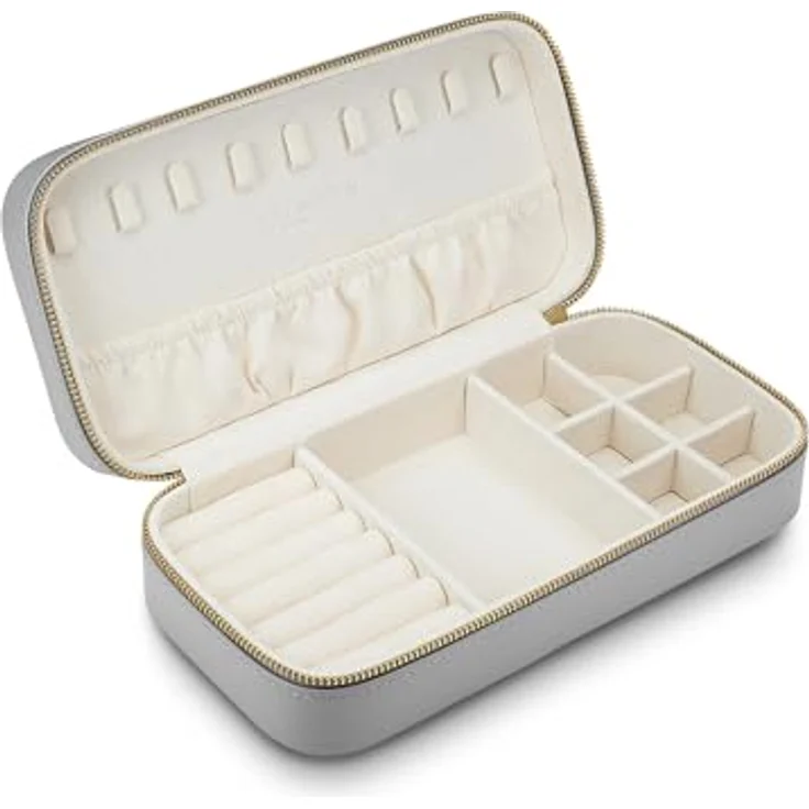 GLANZSTÜCKE MÜNCHEN Schmuck-Reisetäschchen, Kunstleder grau, 23,5 x 11,5 x 5,8 cm, Samt creme, durchdachte Innenaufteilung mit Reißverschluss – Bild 2