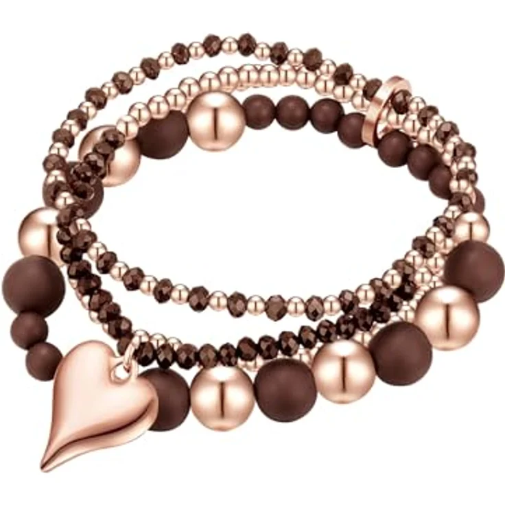 Lulu & Jane Damen Bettelarmband aus roségoldfarbener Metall-Legierung mit braunem Glas-Herz, 4-reihig, Vintage-Look, Länge ca. 19,0 cm – Bild 1