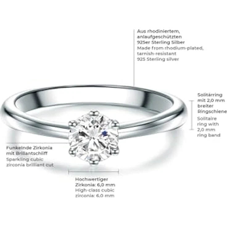 Trilani Damen-Solitärring, Sterling Silber Zirkonia weiß im Brillantschliff, eleganter Verlobungsring mit Krappenfassung – Bild 2