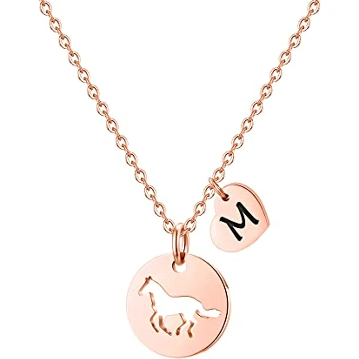 TINGN Pferde Kette Herz, Personalisierte Edelstahl Kette mit Buchstaben M für Mädchen, 16 Zoll mit 2 Zoll Verlängerung, hypoallergen und langlebig, perfektes Geschenk für Pferdeliebhaber – Bild 1