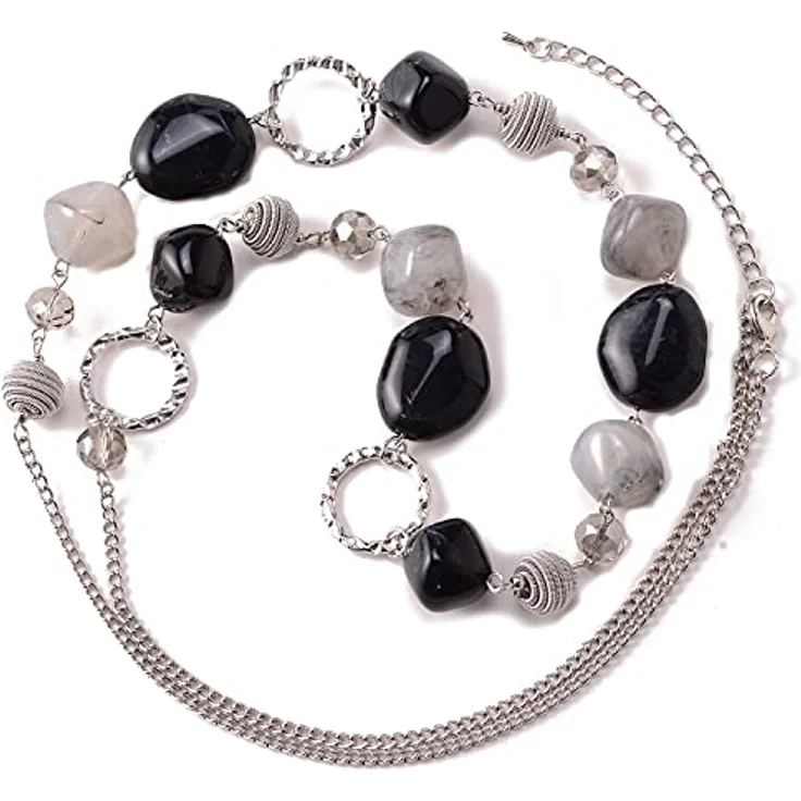 Bulinlin Silber Perlenlange Kette für Damen, Boho Statement Chain, 35+3 Zoll, Schwarz und Grau, Modeschmuck für Geburtstagsgeschenke – Bild 2