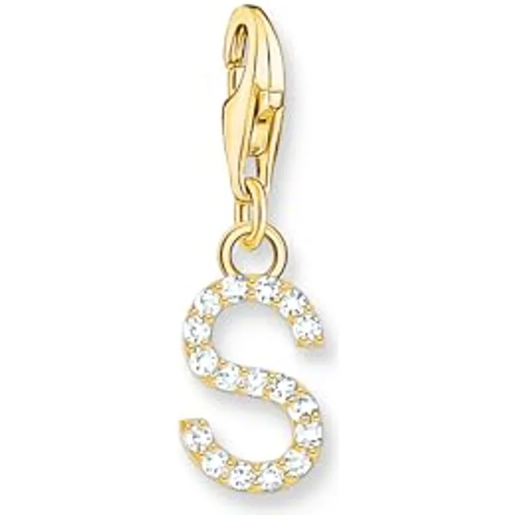 THOMAS SABO Charm-Anhänger Buchstabe S mit weißen Steinen, vergoldet 750 Gelbgold, 925 Sterlingsilber, mit Karabinerhaken