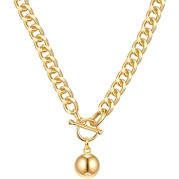 Lulu & Jane Damen Kette, gelbgoldene Metall-Legierung mit Panzerkette und Kugel-Anhänger, Länge ca. 52 cm