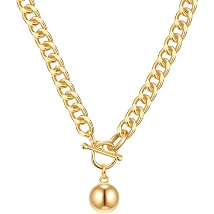 Lulu & Jane Damen Kette, gelbgoldene Metall-Legierung mit Panzerkette und Kugel-Anhänger, Länge ca. 52 cm – Bild 1