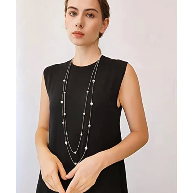 FULU AUTUMN Damen Statement Kette, Lange Perlenkette Silber, Zwei Strang Modeschmuck Halskette, anpassbare Längen 39"-43" – Bild 3