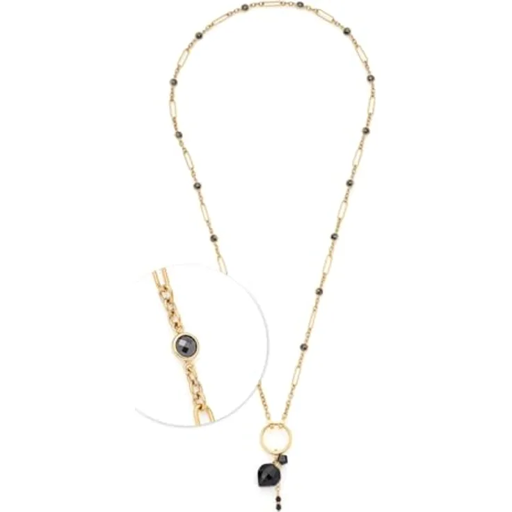 JEWELS BY LEONARDO Halskette Delica, lange Kette aus goldfarbenem Edelstahl mit schwarzen Glassteinen und Mini-Flakon, 80-82,4 cm, Clip & Mix System