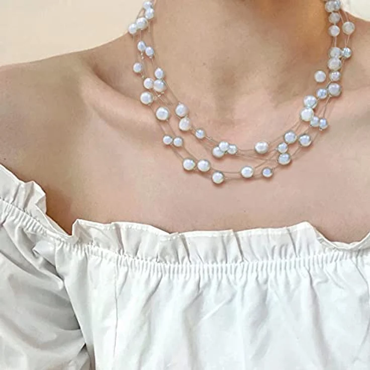 FULU AUTUMN Boho Perlenkette Damen, Silber Statement Kette, Mehrreihig, 17" Länge, Weiß – Bild 4