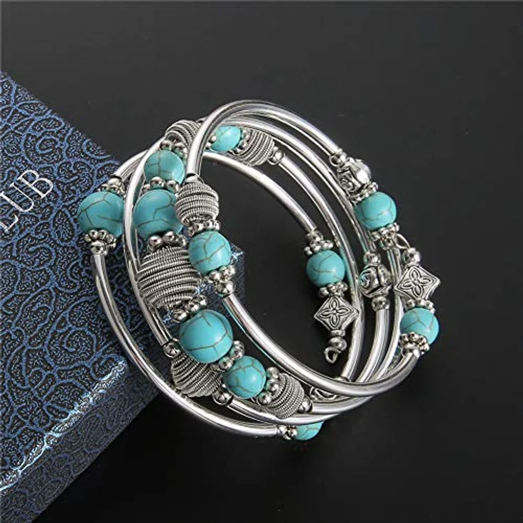 Bulinlin Silber Wickelarmband mit Naturstein Perlen, Mehrschichtiges Boho Damenarmband in Türkis - Umweltmaterialien, Geschenkbox, flexibles Wraparound-Design – Bild 2