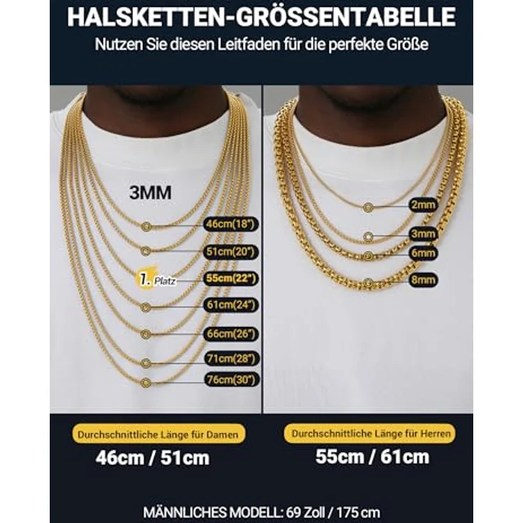 PROSTEEL Venetial Box Briolette Halskette, 3mm Edelstahl Kette in Gold, 46cm, für Herren und Damen – Bild 5