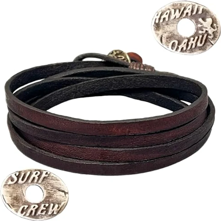 LOCAL LEAGUE Leder-Wickelarmband 'SURF CREW HAWAII' aus echtem Leder, verstellbar bis 95 cm, handgemacht in Europa, Braun – Bild 1