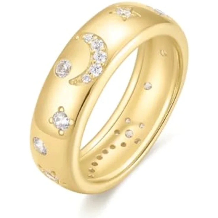 ANIA HAIE Damen Ring MELODIC POET Celestial Chunky, 925 Sterling Silber 14k vergoldet, 28 Zirkonia, Gravuren von Stern und Mond, Größe 54, inkl. Geschenkverpackung – Bild 4