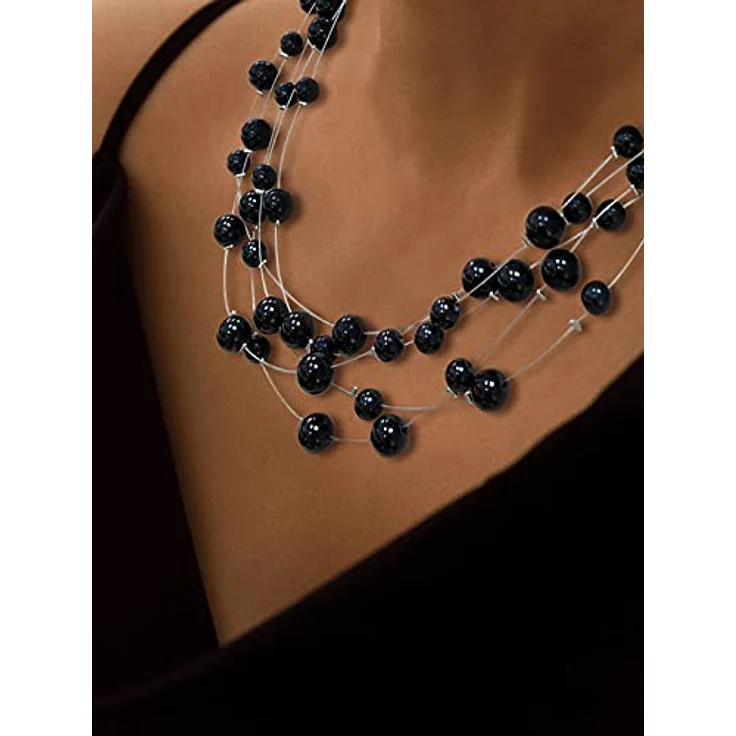 FULU AUTUMN Boho Perlenkette Damen Silber Statement Kette, mehrreihig, 17 Zoll (Black) – Bild 4