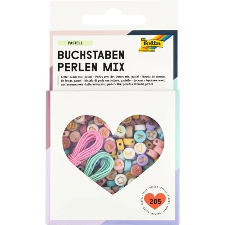 folia 32024 Buchstaben Perlen Mix PASTELL, Set mit 202 Perlen, 2x 1 m Gummibändern und Aufbewahrungsbox – Bild 1