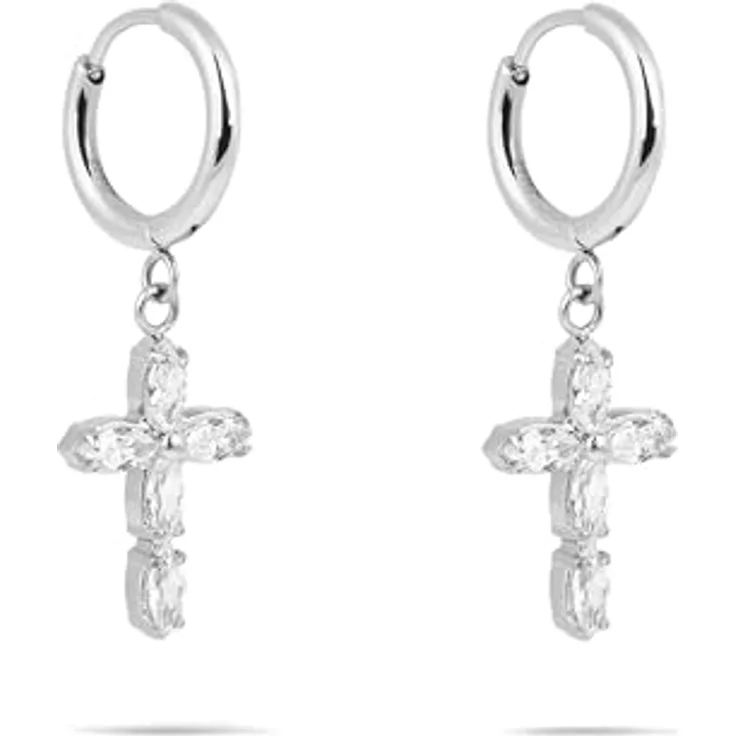 Tamaris Creole Ohrring aus Edelstahl mit Kreuz-Anhänger, Silber - 1,2 cm - Klappverschluss - wasserfest & hautfreundlich