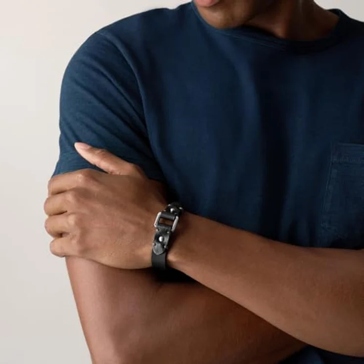 Fossil Machine Herren Armband, Schwarzes Leder mit sicherer Dornschließe, Länge 25 cm, Breite 2,2 cm – Bild 2