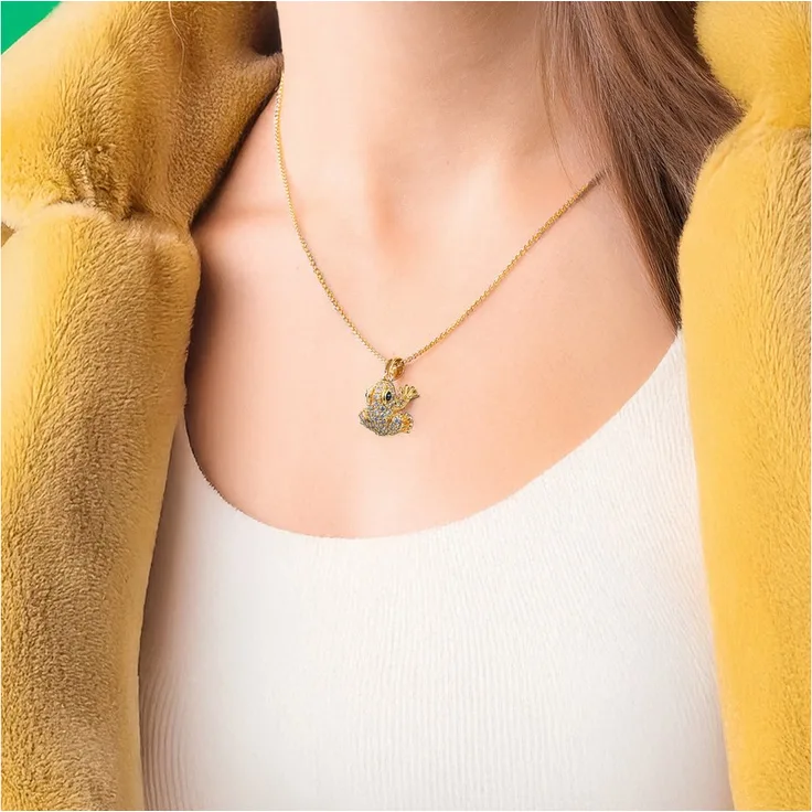 Seinerzeit FLORA & FAUNA Lex Gold Frosch Halskette, 925 Sterling Silber mit Zirkonia, 45 cm lange Kette