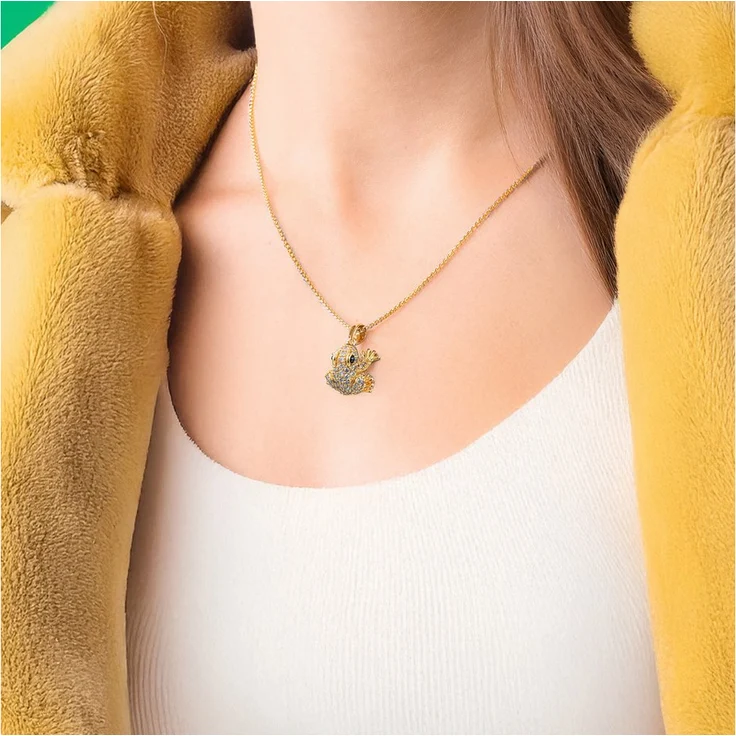 Seinerzeit FLORA & FAUNA Lex Gold Frosch Halskette, 925 Sterling Silber mit Zirkonia, 45 cm lange Kette