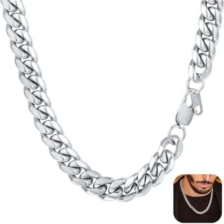 PROSTEEL Panzerkette Herren Halskette 10mm breit aus Edelstahl, 76cm Kettenlänge, schwer, kubanische Gliederkette, Hip-Hop Street Style, silber – Bild 1
