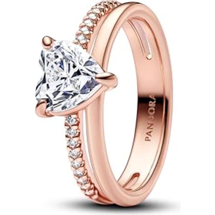 PANDORA Timeless Doppelband Herz Ring aus Sterling Silber mit 14k rosévergoldeter Metalllegierung, klarer Cubic Zirkonia und Zirkonia, Größe: 58, 183100C01-58 – Bild 1