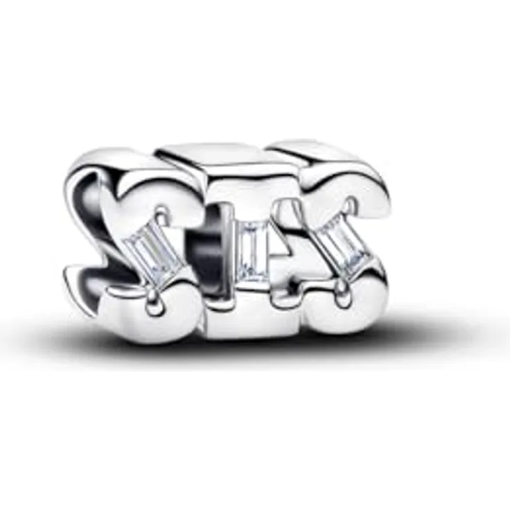 PANDORA Charm Schriftzug "Sis" aus 925 Sterling Silber mit Cubic Zirkonia, Buchstaben Anhänger, kompatibel mit Moments, 794454C01