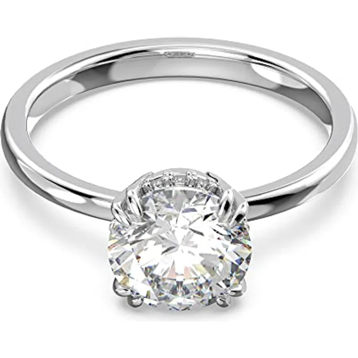 Swarovski Stilla Cocktailring, Rhodinierter Damenring mit Princess-Schliff und strahlenden Swarovski Kristallen