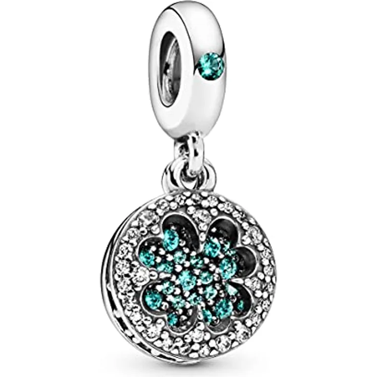 PANDORA Charm "Kleeblatt" grün, 925er Sterlingsilber mit grünen und weißen Kristallen, Größe 23,5 mm, Gravur "Anything is Possible"