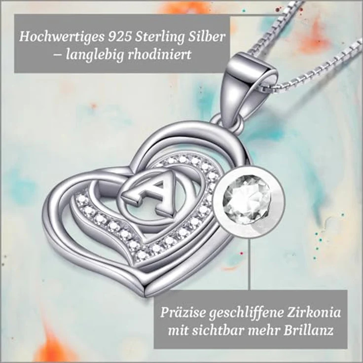 Morella Damen Halskette Herz, Buchstabe A, 925 Silber rhodiniert mit weißen Zirkoniasteinen, 46 cm – Bild 2