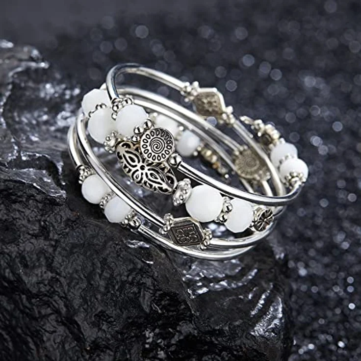 FULU AUTUMN Damen Boho Armband, Mehrschichtiges Perlen Silber Wickelarmband, Porcelain White, Modeschmuck für Muttertag und Geburtstagsgeschenke – Bild 2