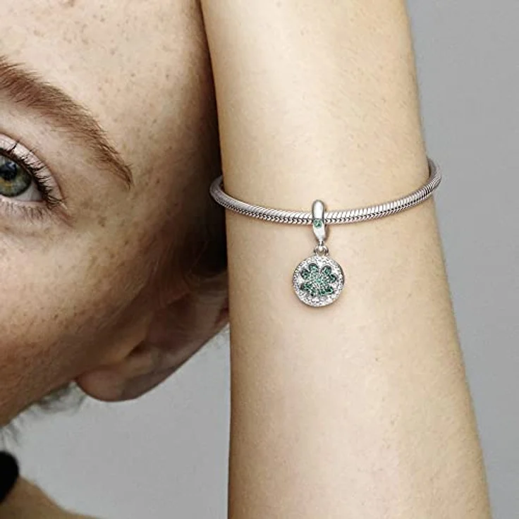 PANDORA Charm "Kleeblatt" grün, 925er Sterlingsilber mit grünen und weißen Kristallen, Größe 23,5 mm, Gravur "Anything is Possible" – Bild 5